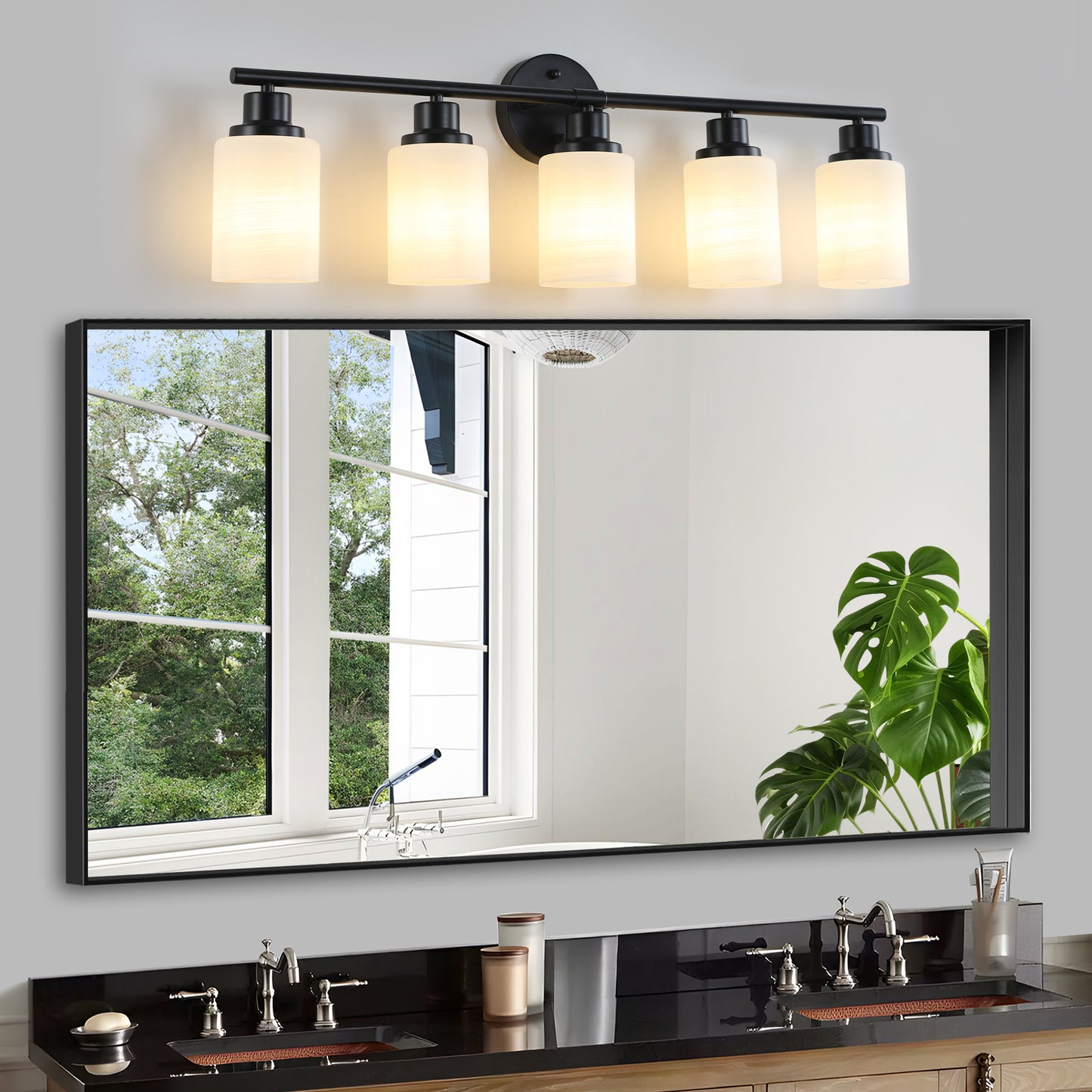 31  Modern 5-Light Vanity Bathroom Mirror Light, Frosted White Glass With Black Iron Frame, Contemporary Wall Sconce For Bedroom, Bathroom, And Dressing Room  Bulb Not Included