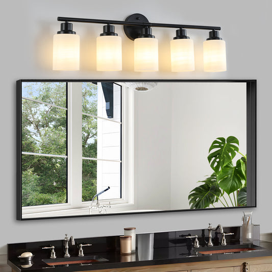 31  Modern 5-Light Vanity Bathroom Mirror Light, Frosted White Glass With Black Iron Frame, Contemporary Wall Sconce For Bedroom, Bathroom, And Dressing Room  Bulb Not Included