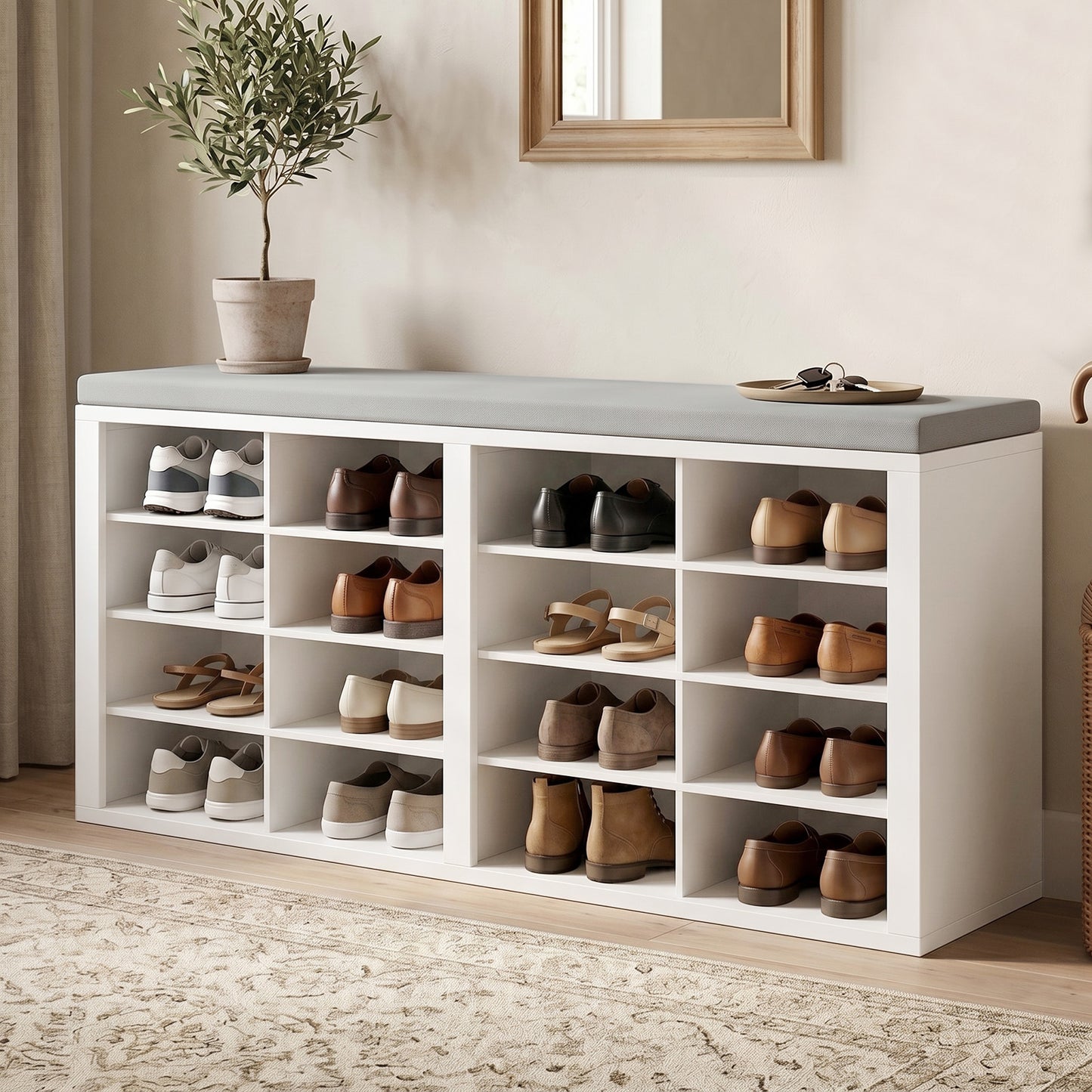 Shoe Storage Bench With Cushion 16 Cubby Shoe Rack Multifunctional Shoe Organizer Bench For Entryway Hallway Living Room Bedroom