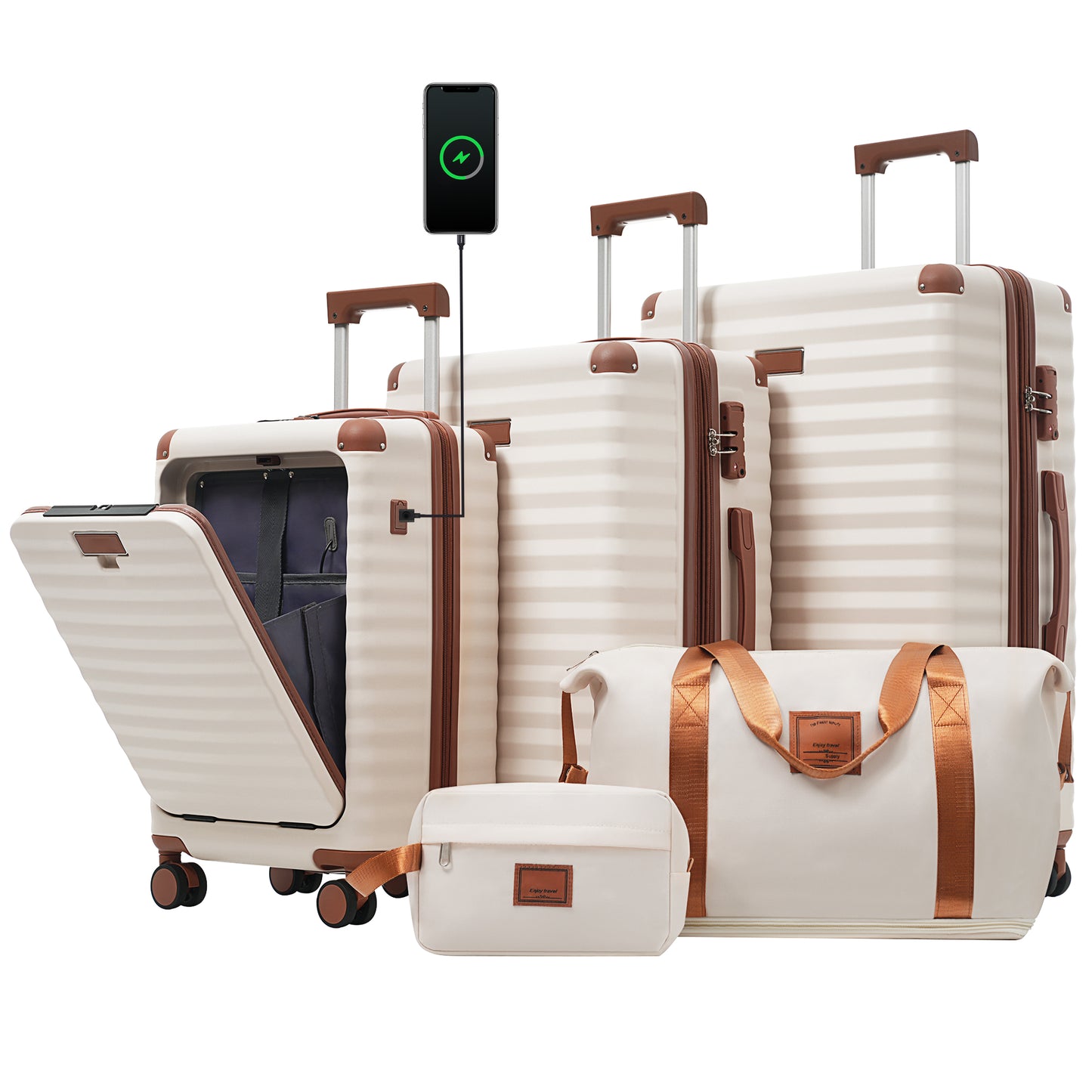 Luggage Sets 5 Piece With Front Opening , Hardside Expandable Carry On Suitcase With Spinner Wheels TSA Lock USB Port  Cup Holder Duffel Bag And Toiletry Bag