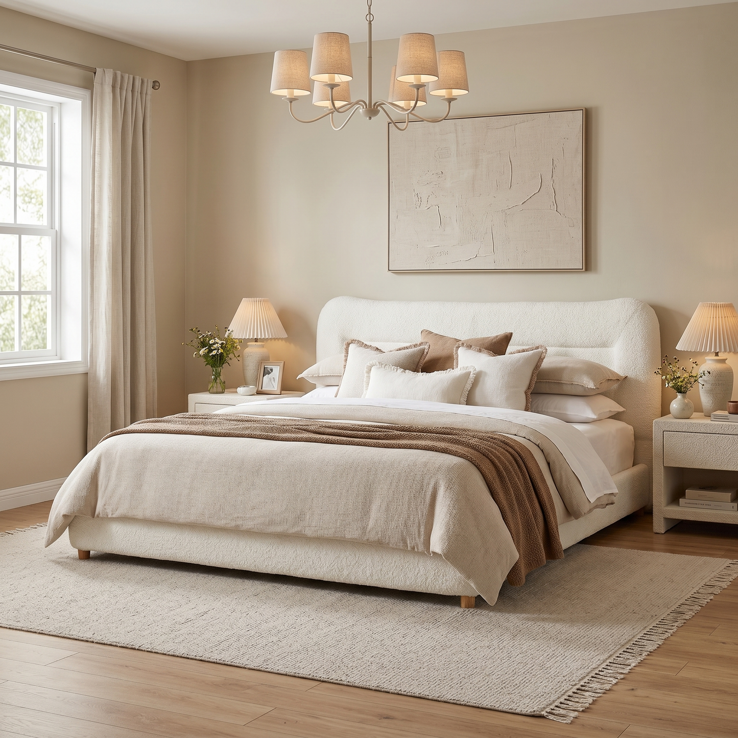Minimalist Curved Headboard Teddy Bear Plush Bed, King, Cream