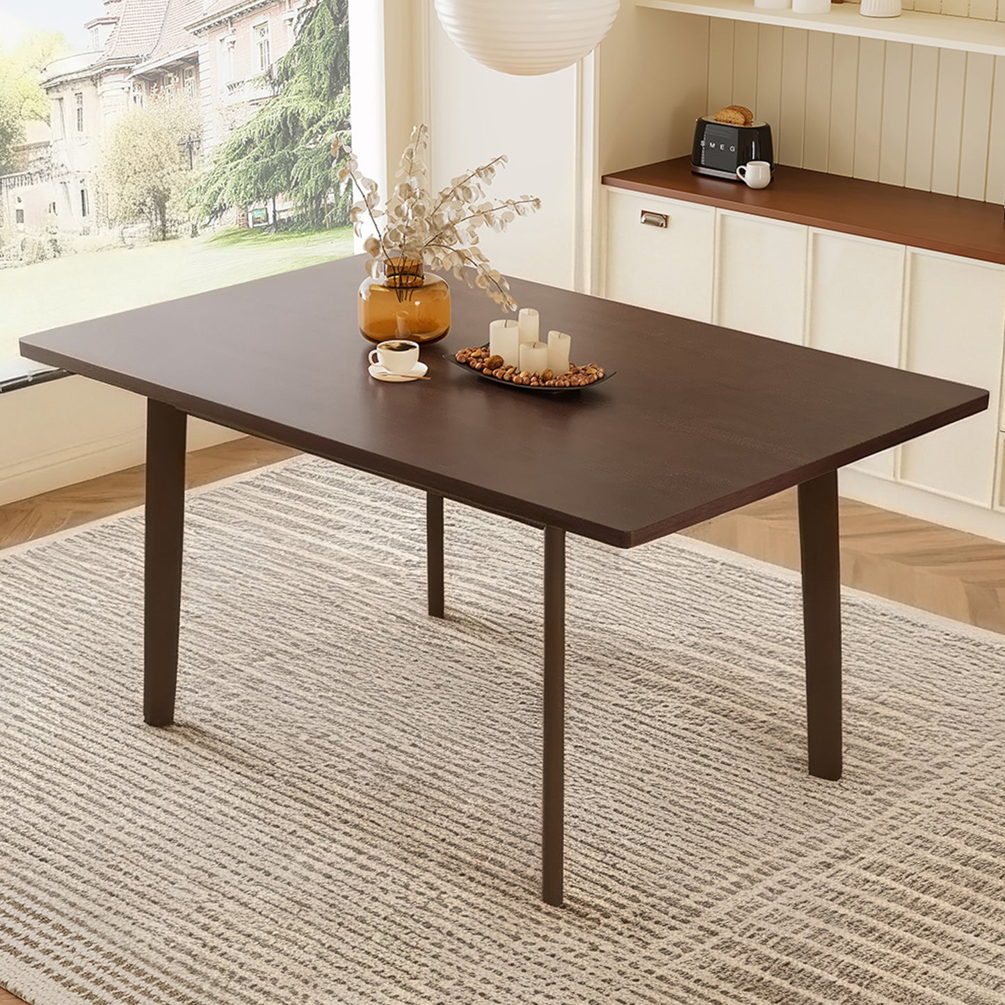 60  Rustic Farmhouse Dining Table - Solid Wood Frame, Minimalist Modern Dining Table For Kitchen, Dining Room, Living Room, Walnut