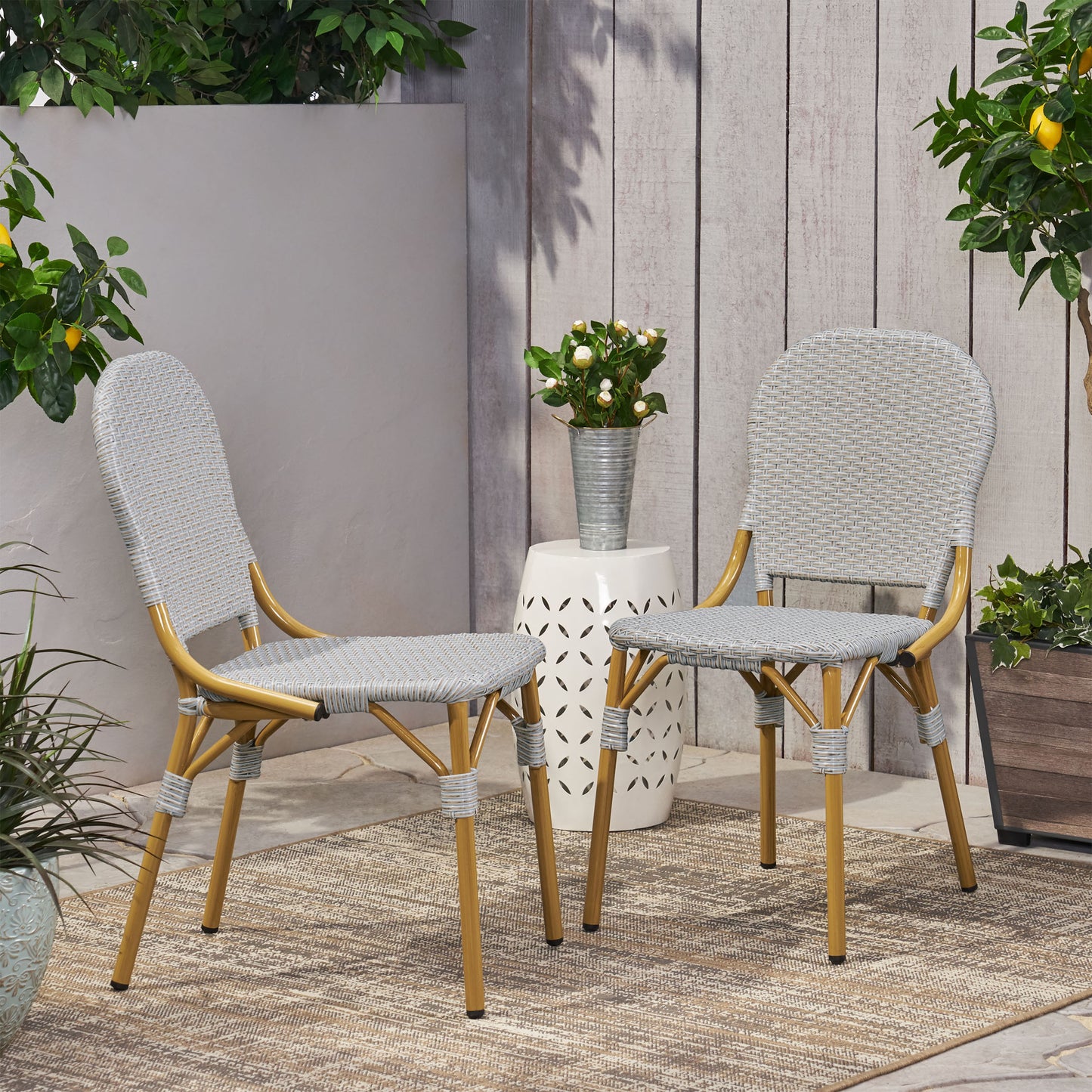 Outdoor PE Rattan And Aluminum Armless French Bistro Chairs, Set Of 2, Gray And Bamboo Finish