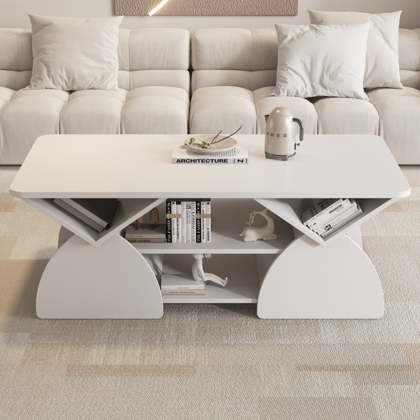 Engineered Wood Rounded Corner Rectangular Coffee Table For Living Room, Easy Assembly Storage Table With Open Shelves Sturdy Frame For Reception Room, Modern Coffee Table Geometric Design White