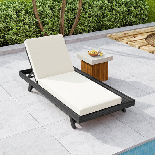 Lounge Chaise Set, Space Available On One Side, Acacia Wood In Black With Water-Resistant Lounge Cushions  Cream & 4 Inch Thick  -Matching Dark Grey Version Available