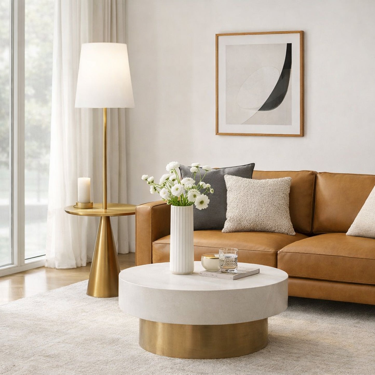Celestial Modern Floor Lamp With Brass Accent Table With Large White Shade
