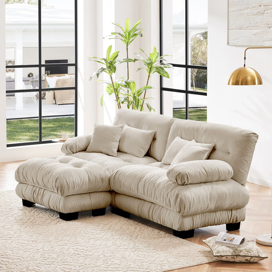 Cloud Couch Sectional Sofa For Living Room, Chenille 2 Seater Sofa With 2 Lumbar Pillows And 2 Throw Pillows , Upholstered Wide Arm Sofa With Convertible Ottoman,Chenille Light Coffee
