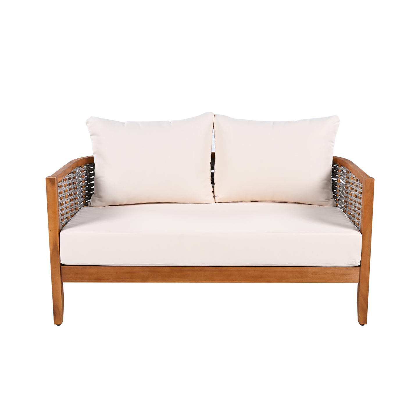 2 Pieces Acacia Wood Patio Furniture Set, Outdoor Unique Tub Design Loveseat With Woven Rope Table, Deep Seating With Soft Cushions For Porch, Garden, Backyard, Balcony, Teak Finish & Beige Cushion