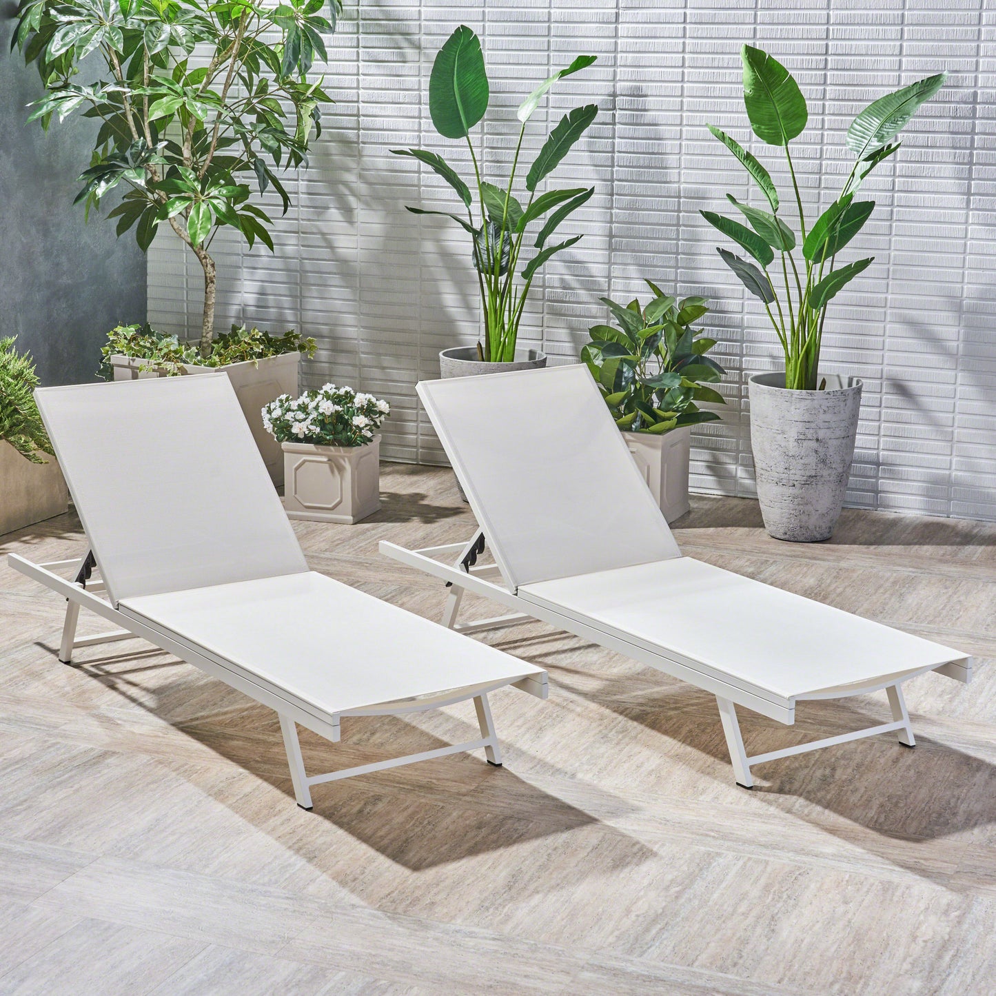 Outdoor Chaise Lounge Set Of 2, 5-Position Adjustable Backrest, White Steel Frame With Textilence Seat, Patio Poolside Reclining Chairs
