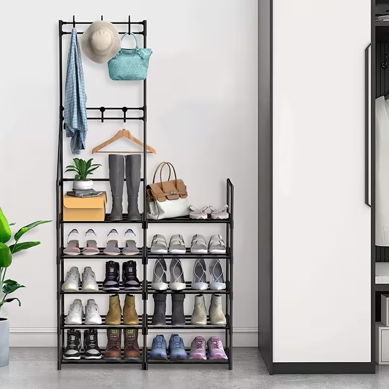 Sturdy Double-Row Coat Shoe Rack All-in-One Combo, Free-Standing Multifunctional Entryway Organizer For Bedroom, Living Room, Foyer And Mudroom