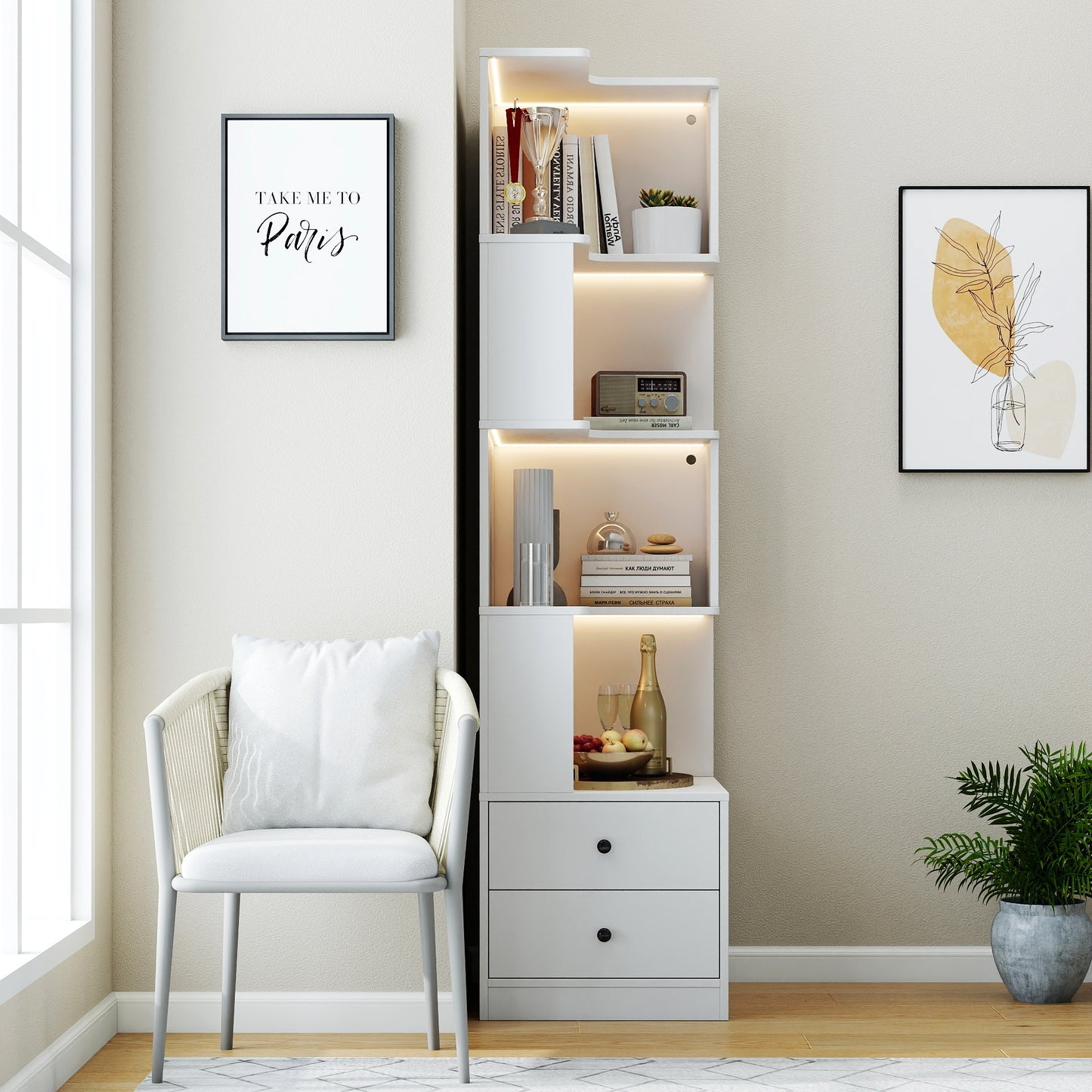 Corner BookShelf With Drawers,4-Tier Corner Bookshelf Bookcase With Baffle, Freestanding L Shaped Display Shelf Stand With Led Lights For Home Office, Living Room, Bedroom, Kitchen