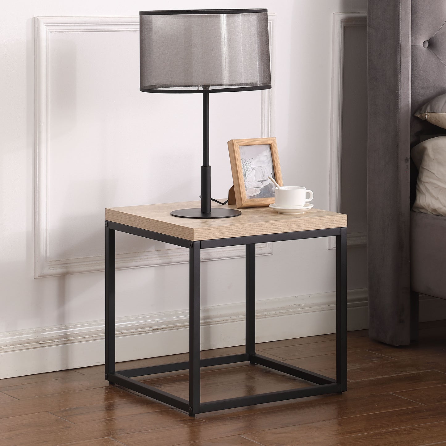 End Table Side Table,Square Wood And Metal Nightstand,Storage Small End Table, For Living Room Bedroom, Natural Oak