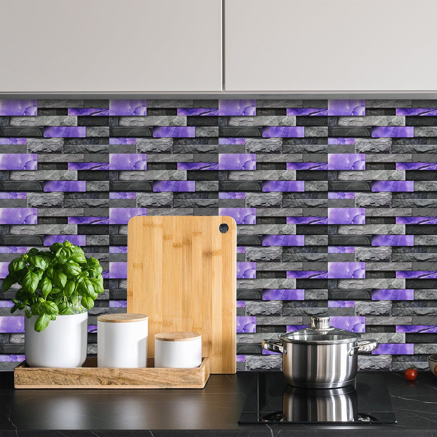 Peel And Stick Splash Proof Marble Wall Tiles, Waterproof And Oil Resistant, Purple Glossy Imitation Stone Wall Sticker