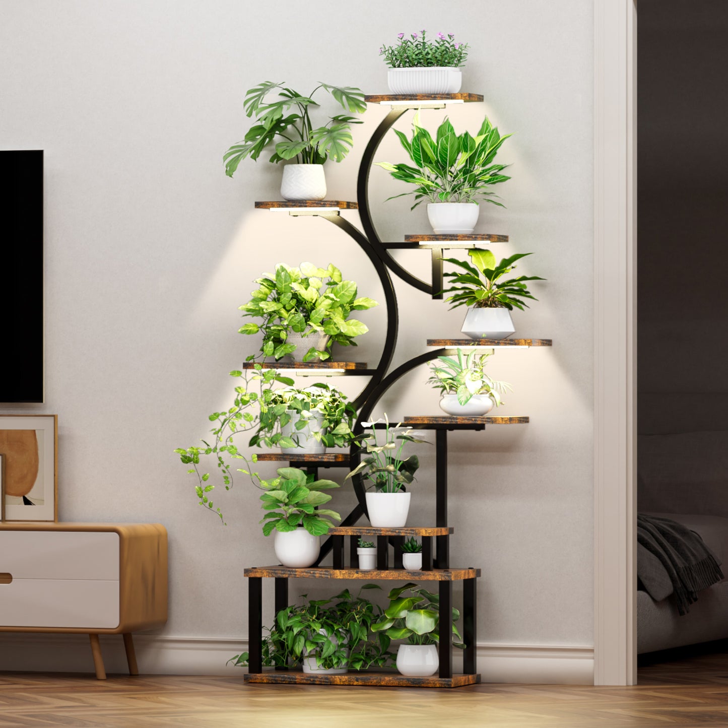 68.5  Tall 10-Tier Plant Stand With 5 Grow Lights, S-Shaped Corner Plant Rack For Indoor Plants, Perfect For Living Room, Garden & Patio