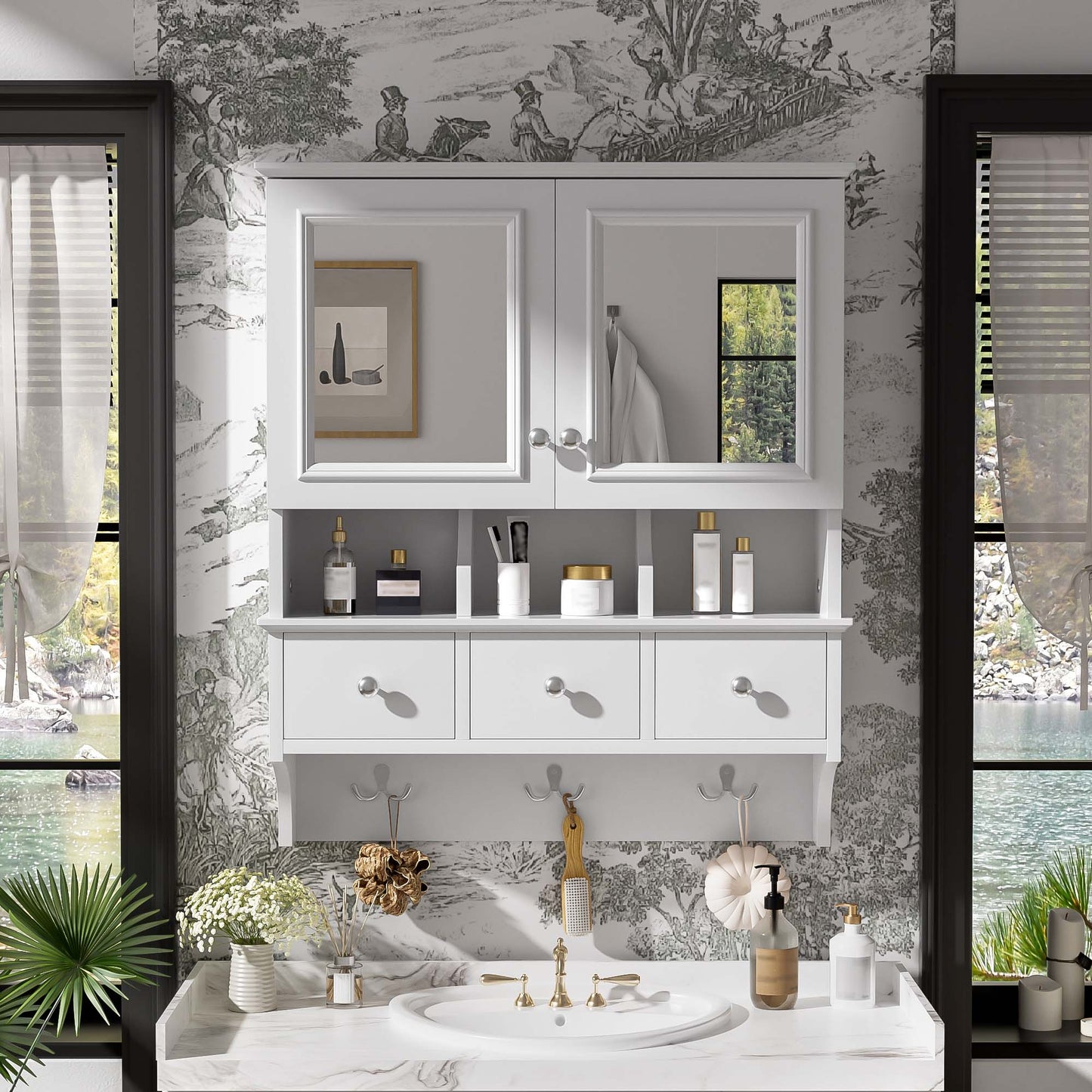 4-in-1 Bathroom Mirror Cabinet, 24-inch Wall Mounted Medicine Cabinet With Drawers & Organizer Hooks, High-Define Mirrors With Storage For Bathroom Vanity