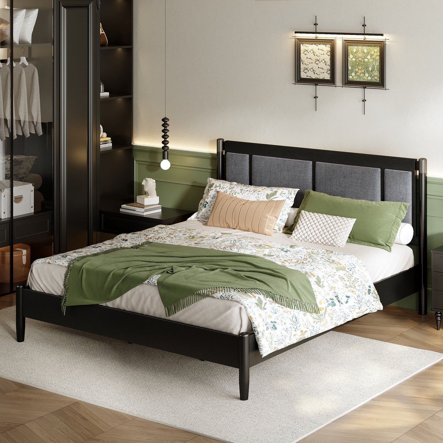 Solid Wood King Bed, Heavy Duty 600 Lbs Support, No Box Spring Needed, Black Upholstered Headboard With Metal Handles