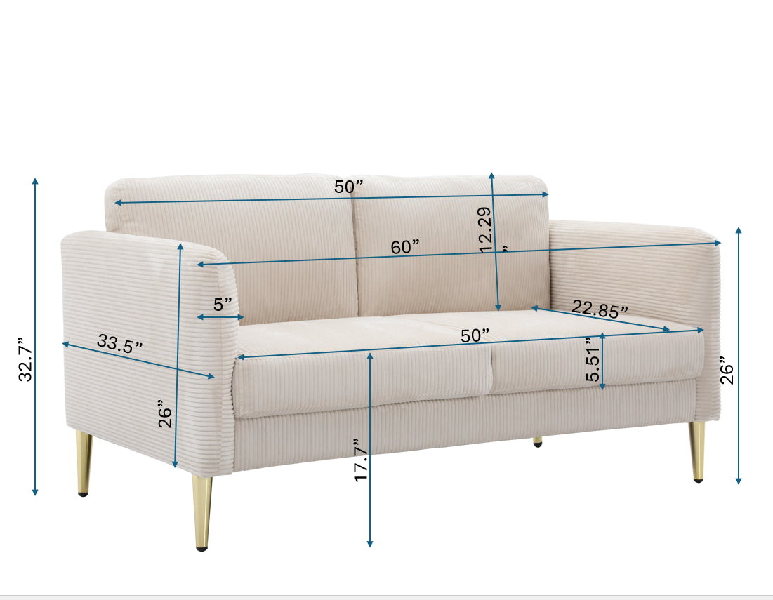 60.63   Wide Modern Corduroy Loveseat, Plush Upholstered Cushions, Solid Wood Frame, Compact Living Room And Apartment Furniture