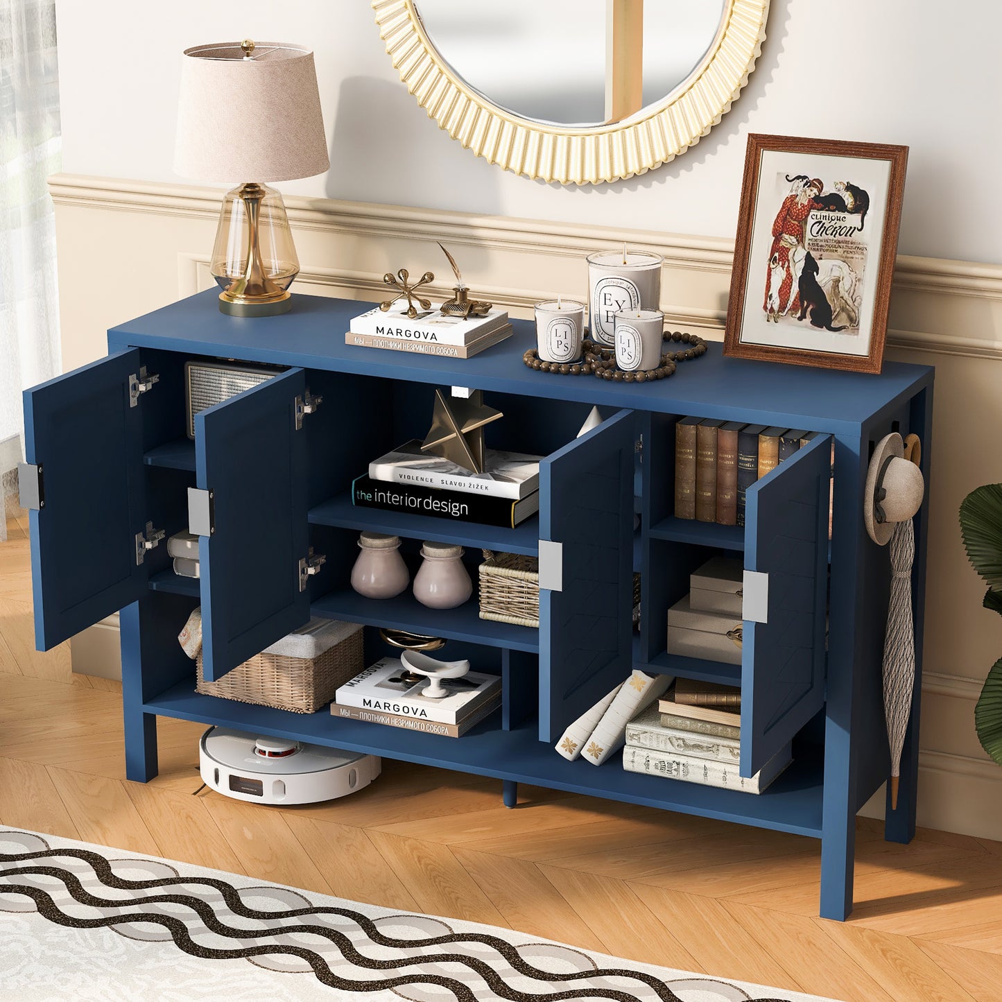U-STYLE 55.1 Storage Sideboard With 4- Doors Multi Functional Buffet With Open Shelf And 2- Tiers Adjustable Shelves Modern Cabinet With Double Hooks Suitable For Living Room  Hallway  Dining Office.