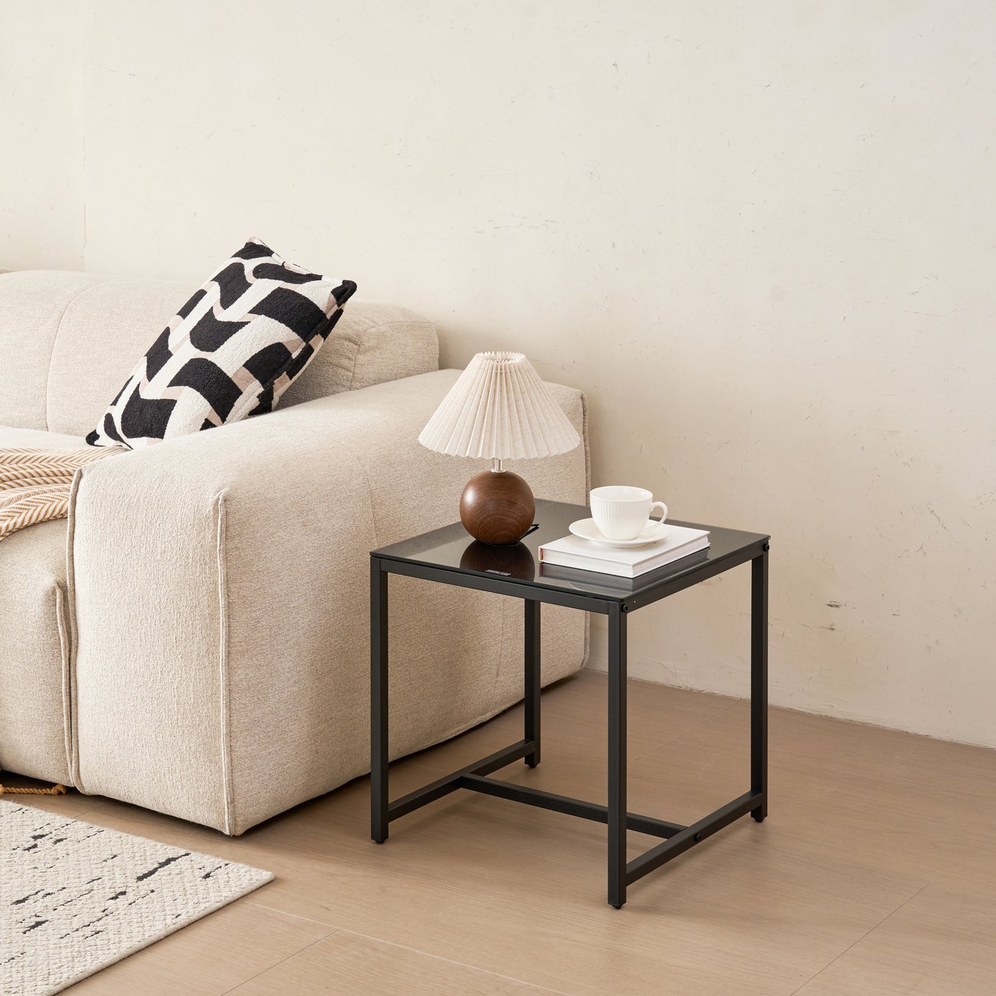 2 Pieces Black Glass Night Stand,MDF SideTable, Small Tea Table, Sofa Table With Metal Leg