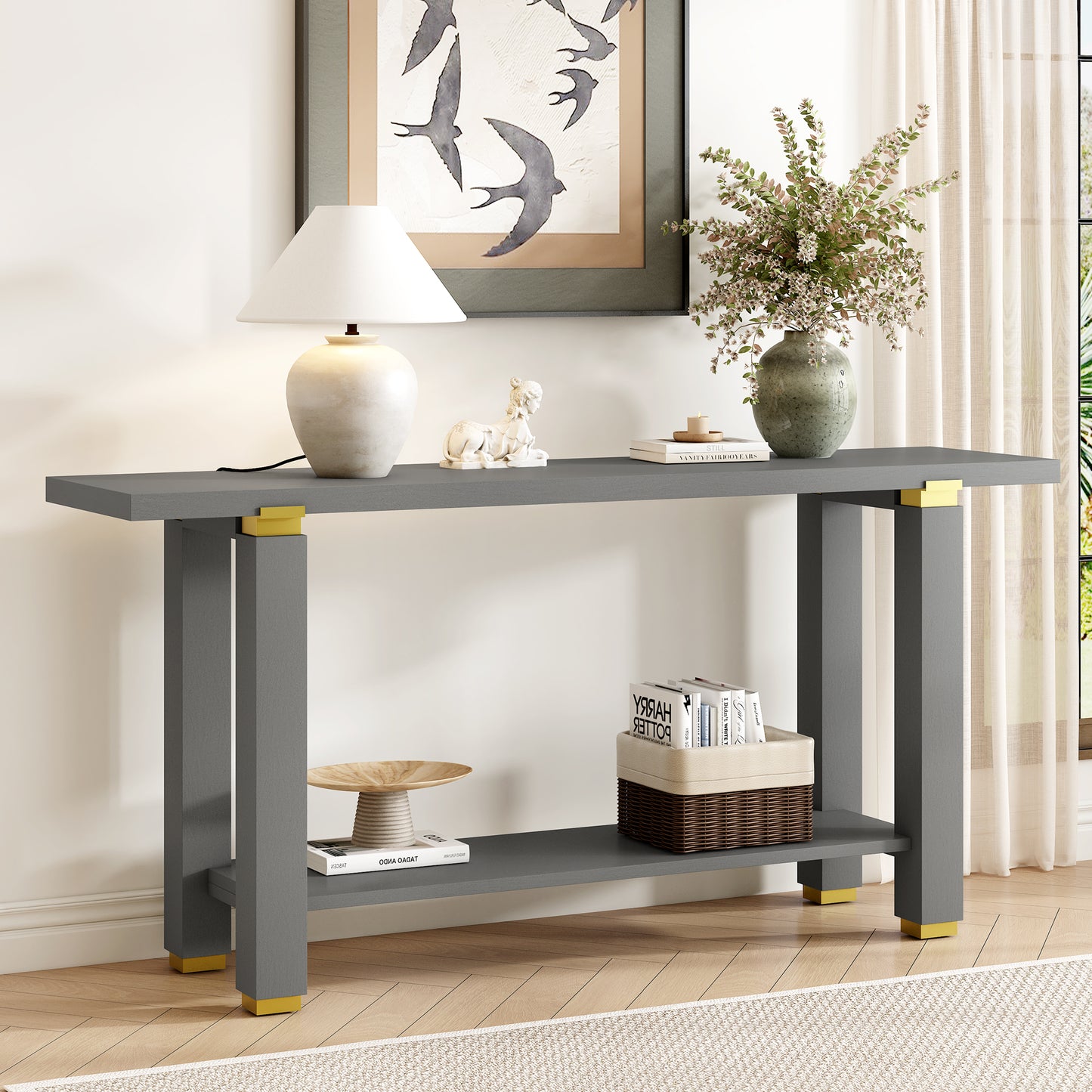 U-Style 62.9  Modern Minimalist Console Table  Solid Wood Entryway Sofa Table With Metal Accents  Built- In Shelf  For Living Room  Hallway  3 Colors   Black  Gray  Natural