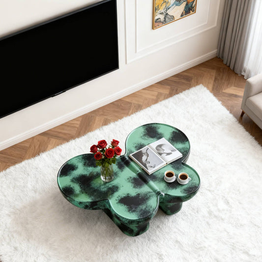 Modern Coffee Table Faux Travertine Textured For Livingroom Office,Green    Black
