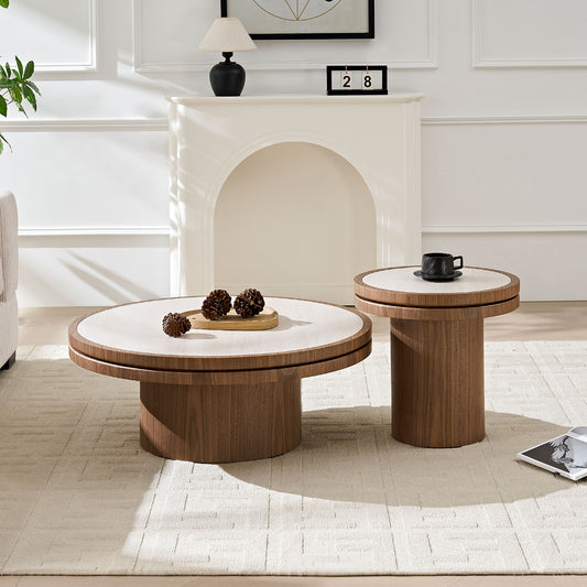 Set Of 19.49   35.43   MDF Round Coffee Table  Sintered Stone Tabletop For Living Room Apartment  Reception Room  WALNUT