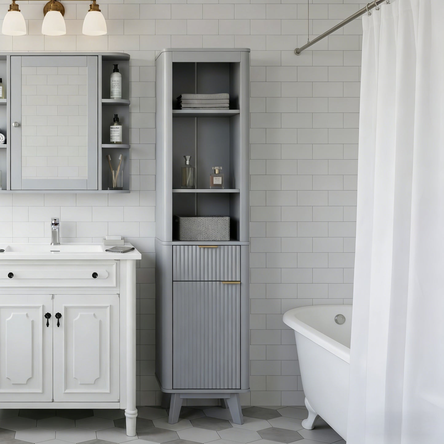 68  H Tall Bathroom Storage Cabinet With  Adjustable Shelves And One Drawer & Door, Storage Cabinet For Bathroom, Living Room, Entryway & Kitchen, Gray