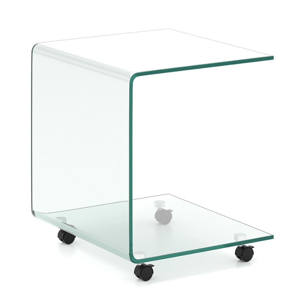 C Shaped End Table Modern Tempered Glass Side Table With Shelf With 4 Swivel Lockable Wheels  Coffee Table, Snack Table, Sofa Table, Laptop Table