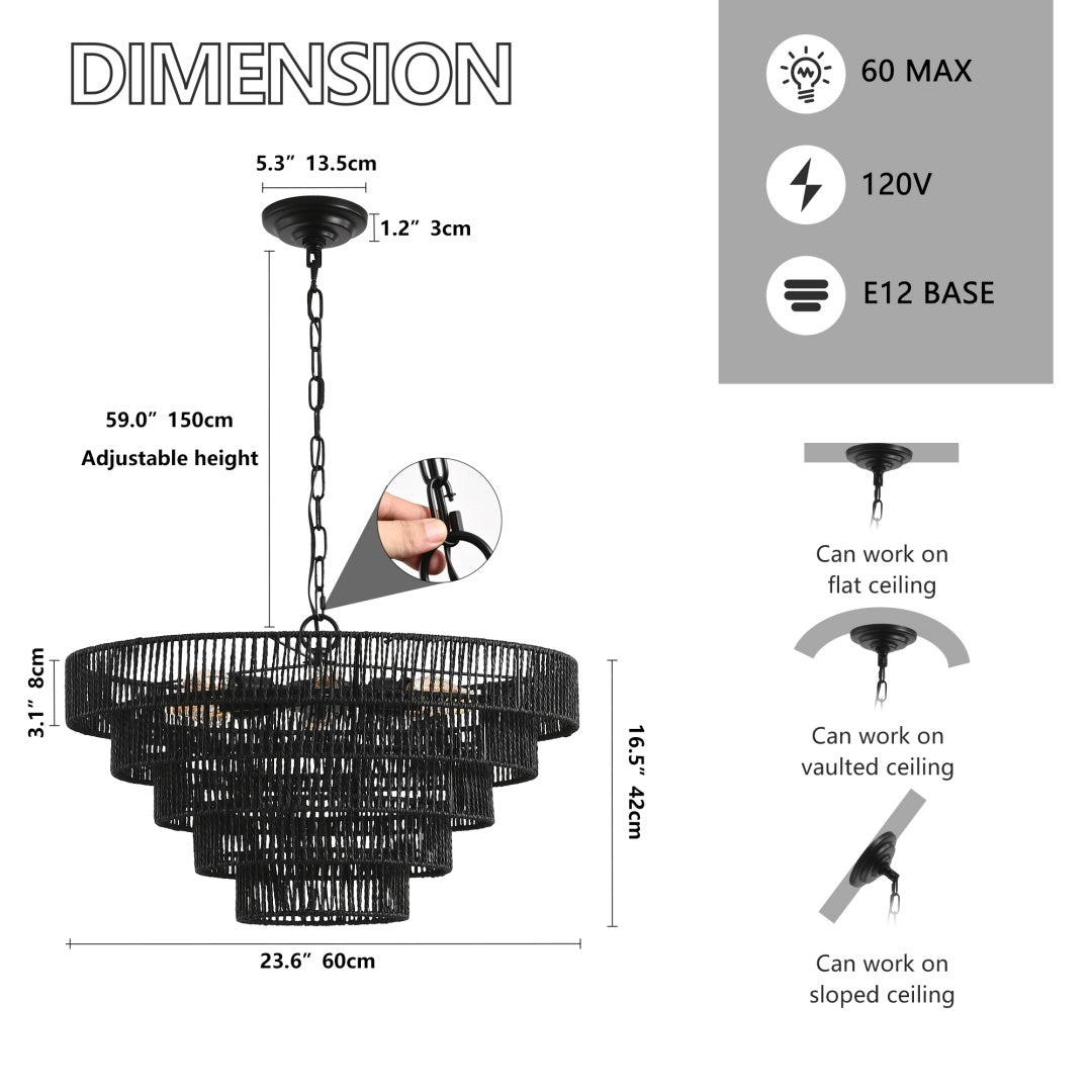 24 Rustic 5-Tier Black Hemp Rope Pendant Light Chandelier With 8 E12 Sockets, Boho Farmhouse Ceiling Fixture For Dining Room, Kitchen, Or Entryway  Bulb Not Included