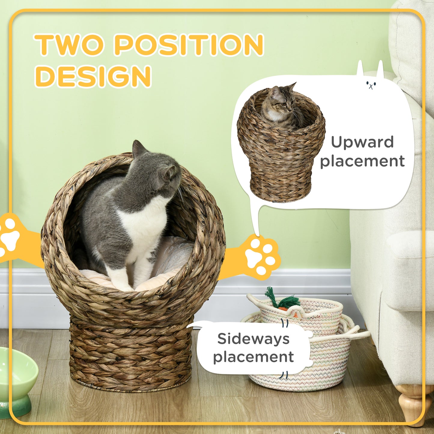Handwoven Elevated Cat Bed With Soft Cushion & Egg Chair Shape, Basket Bed Kitty House With Stand, Raised Wicker House For Indoor Cats, 20" H, Gray