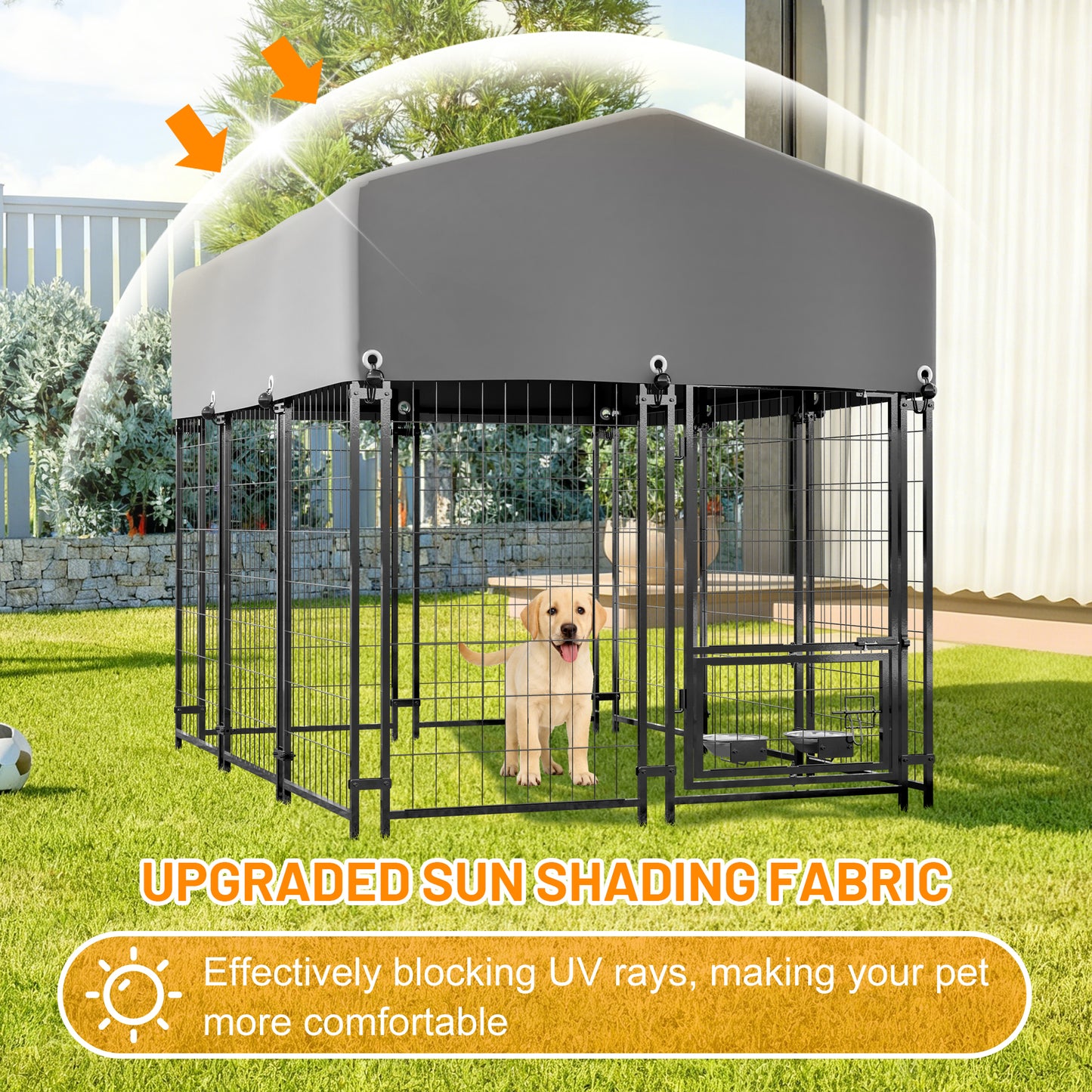 Dog Kennel Outdoor With Roof, 4.23'x5.82'x4.83' Welded Wire Enclosure, Heavy Duty Dog Crate With UV-Resistant Waterproof Cover, Double Lock & Rotating Feeder