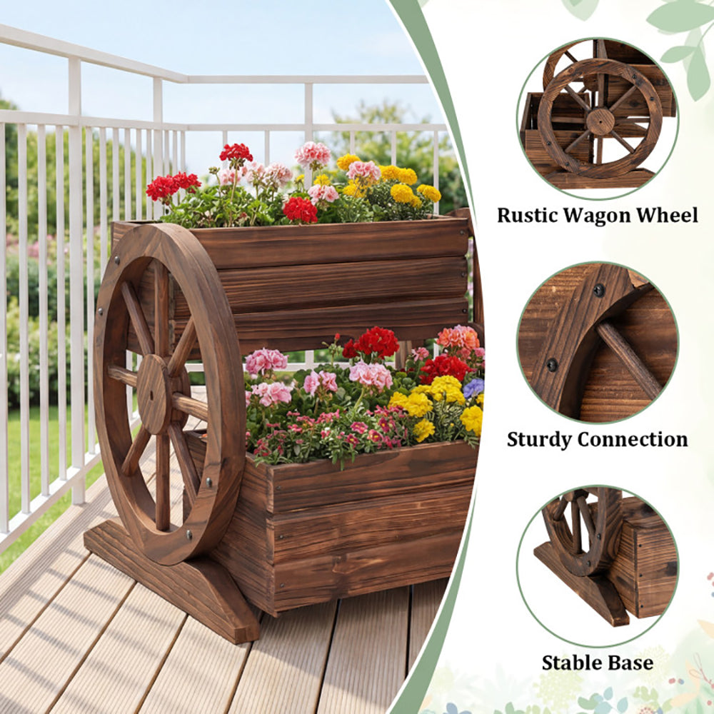 2-Tier Raised Garden Bed Rustic Wood Wagon Shape With Drainage Holes And Wheels For Growing Flowers Or Displaying Potted Plants