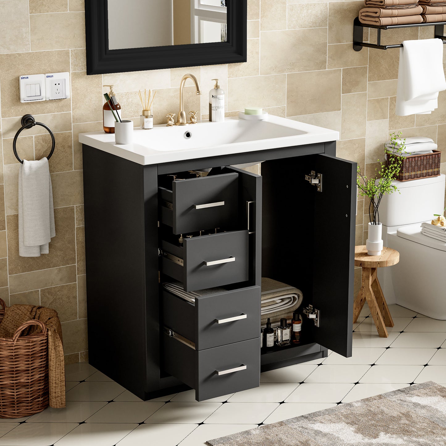 30'' Bathroom Vanity With Ceramic Sink Combo,Solid Wood Frame Bathroom Storage Cabinet, Freestanding Vanity Set With 3 Drawers& Soft Closing Doors