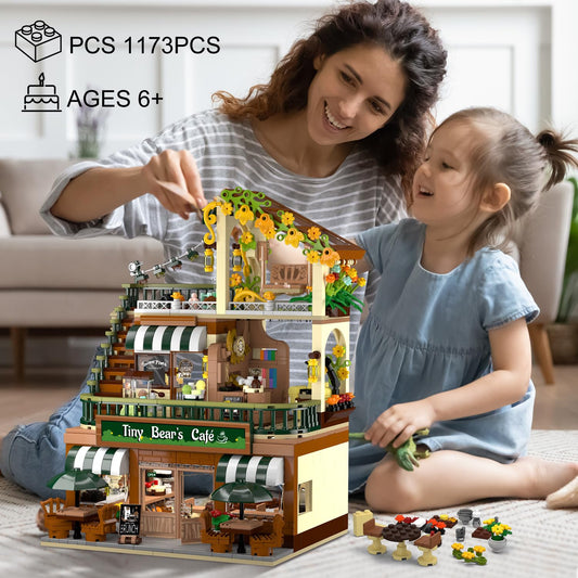 City Coffee House Building Set With Light, 1173 PCS Cafe Shop Building Block Toy With Ordering Counter Baking Room, House Construction Model Gift For Adults Teens Kids Boys Girls