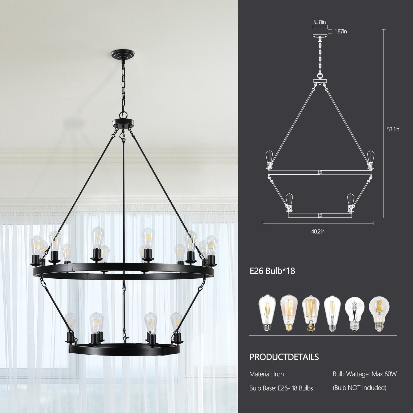 NEW SKU   W1340P206659   Retro Style Large 2-Tier Circular Ceiling Ironwork Chandelier