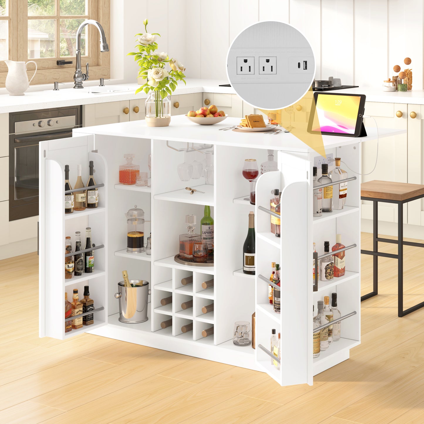 U-Style 47.2  Kitchen Island With Drop Leaf & Power Outlet  Wine Bar Cabinet With Bottle Rack & Glass Holder  Coffee Bar  2- Door Buffet Sideboard With Side Shelves  Melamine MDF