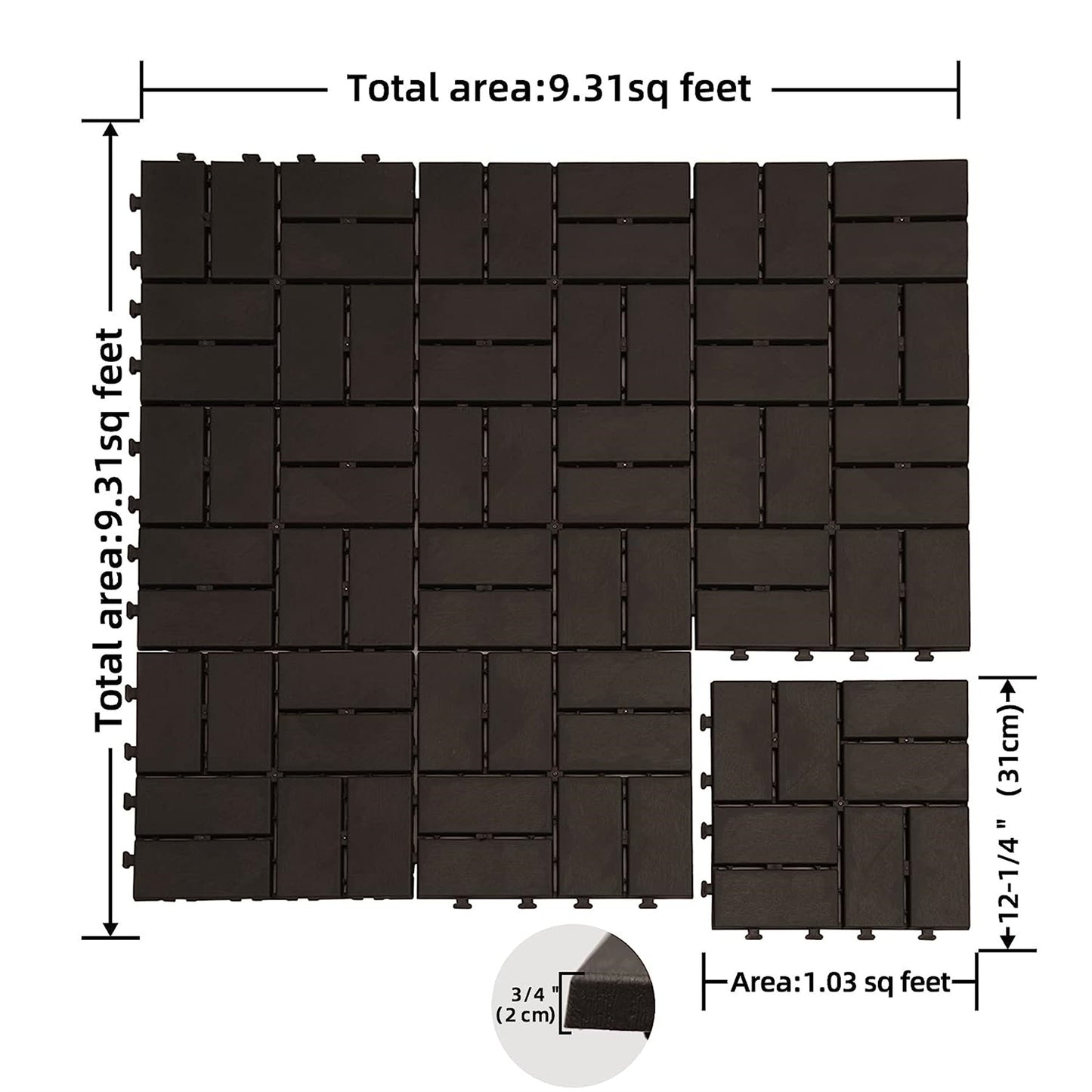 Patio Interlocking Deck Tiles, 12 X12  Square Composite Decking Tiles, Checked Plastic Outdoor Flooring Tile All Weather For Balcony Porch Backyard,  Brown, Pack Of 27