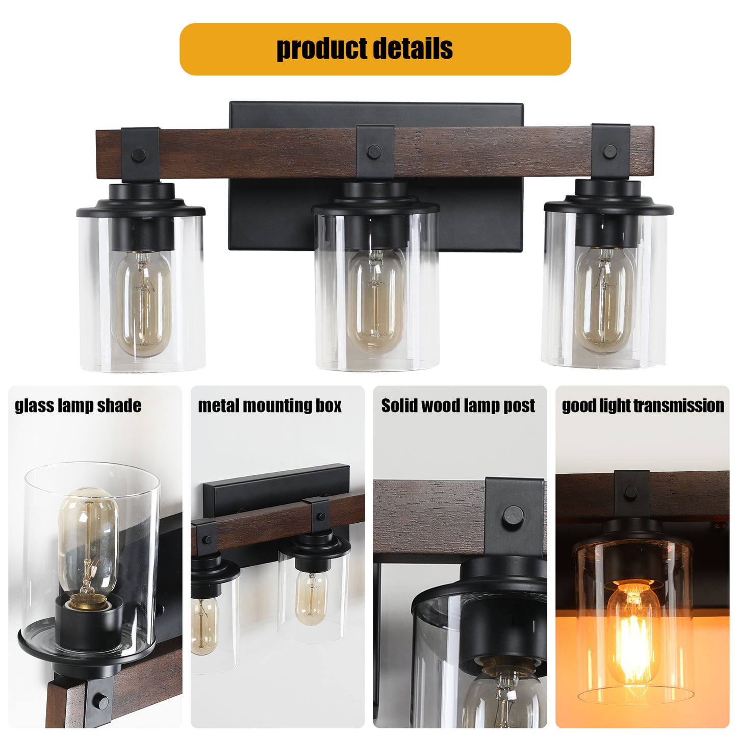 19in  Rustic 3-Light Vanity Light, Industrial Bathroom Wall Sconce With Glass Shades And Wood Accent, Modern Farmhouse Lighting Fixture  No Bulbs