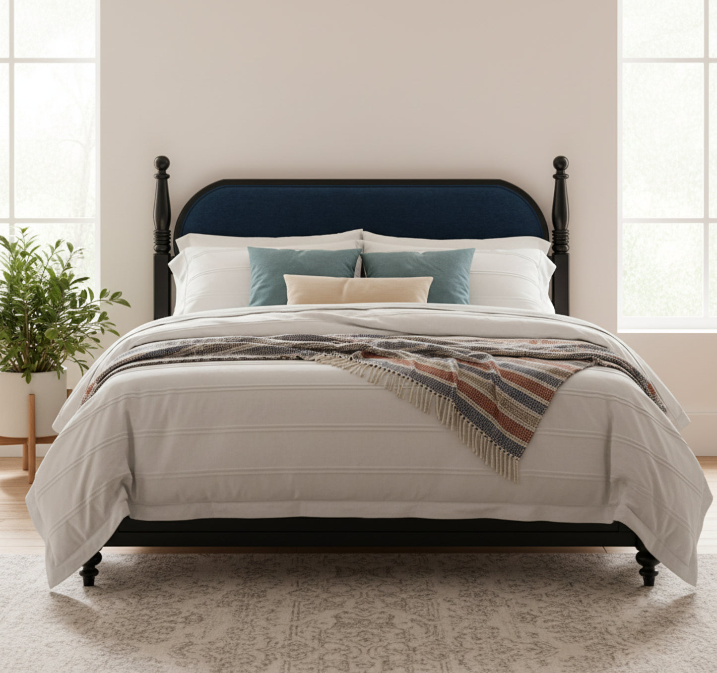 Queen Bed Frame, Solid Wood Platform With Slats, Navy Blue & Black Upholstered Headboard, Modern No Box Spring Needed