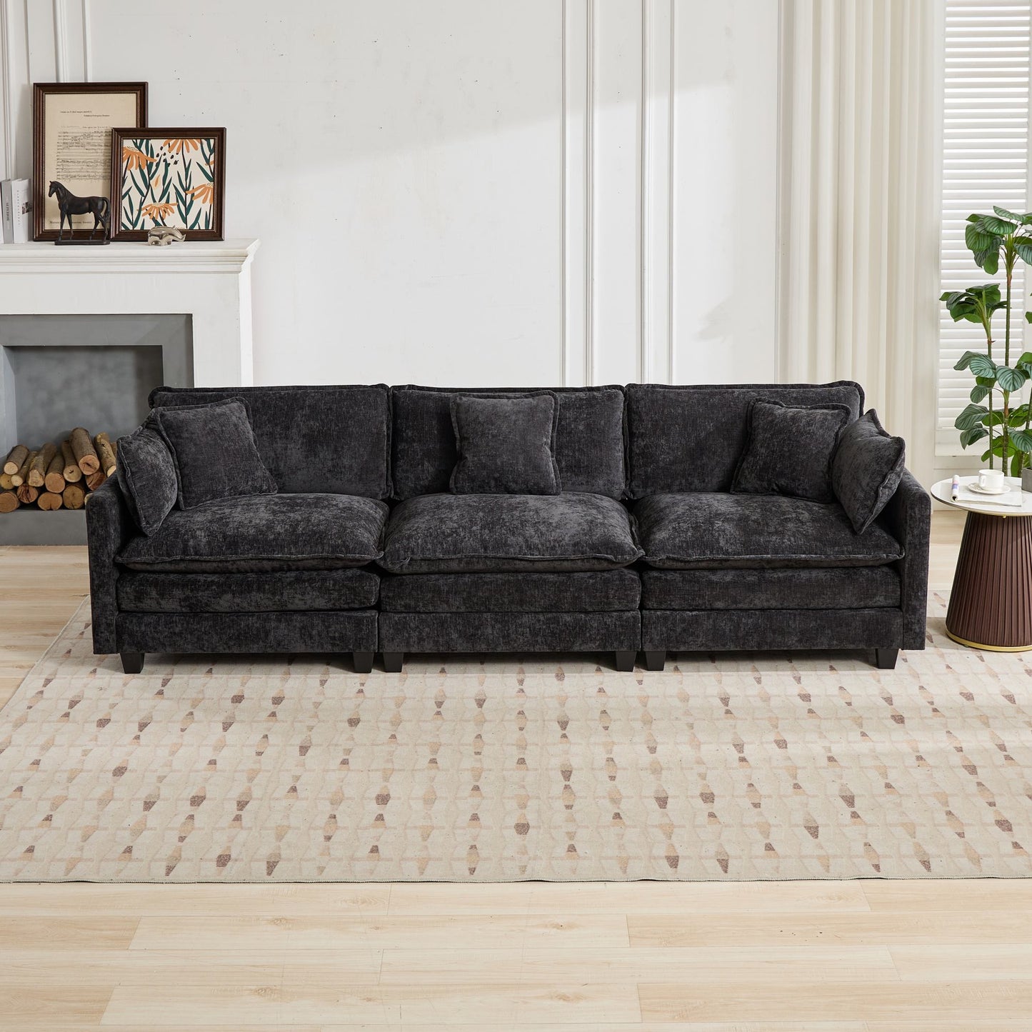 Cloud Sofa 3 Seats Ottoman Is Not Included, Modern Sectional Couch, For Living Room Bedroom And Apartment, Comfy Double Layer Upholstered Seat Cushion, Breathable Chenille Fabric, Black,SW5013BK