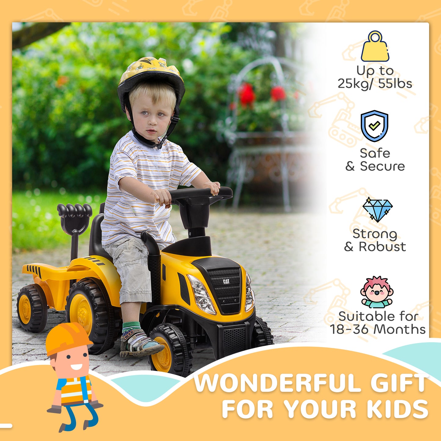Caterpillar Licensed Ride-On Construction Toy With Shovel & Trailer, No Power Ride-on Tractor For 18-36 Months