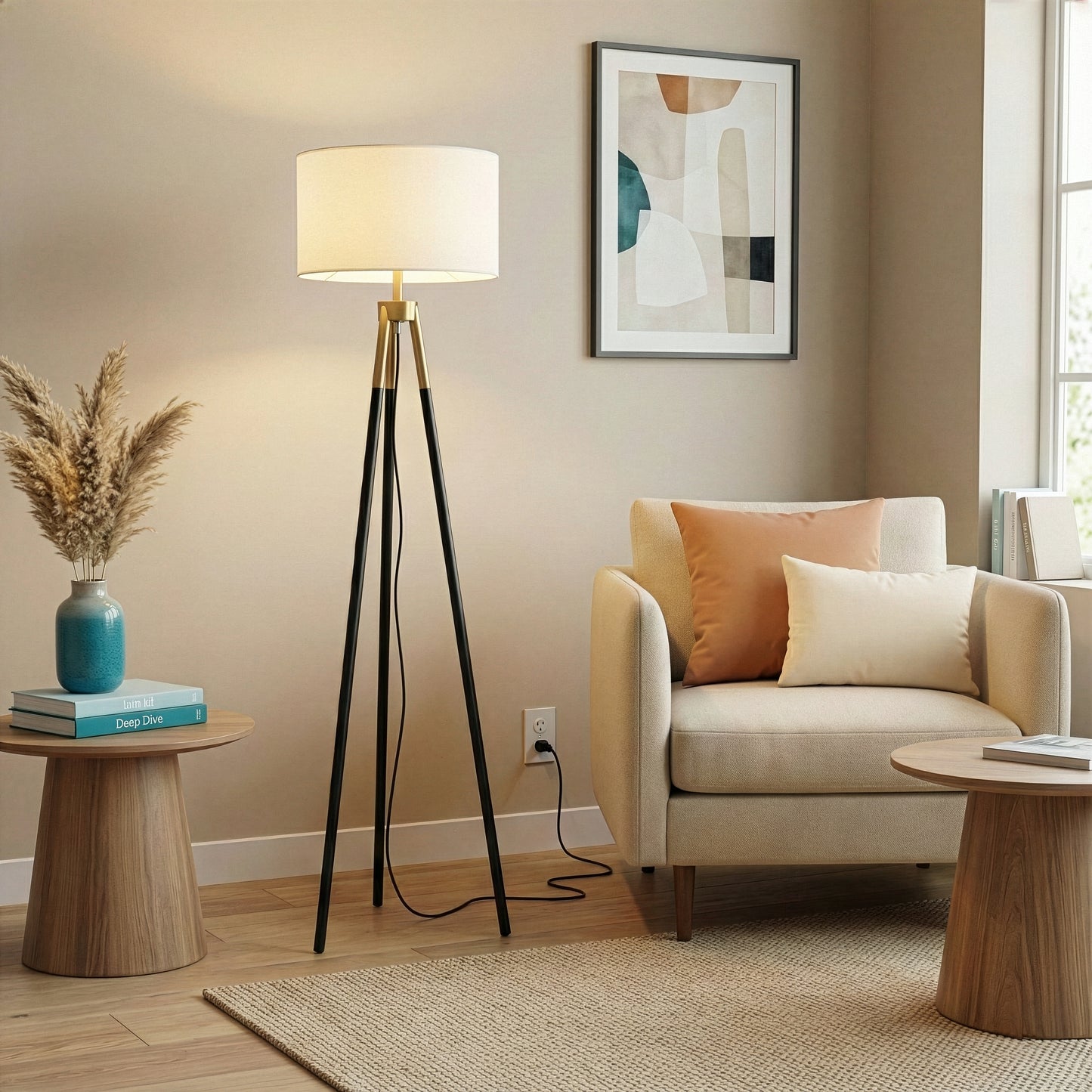 Sway Brassed Gold Floor Lamp With On Off  Triple Legs White Fabric Shade