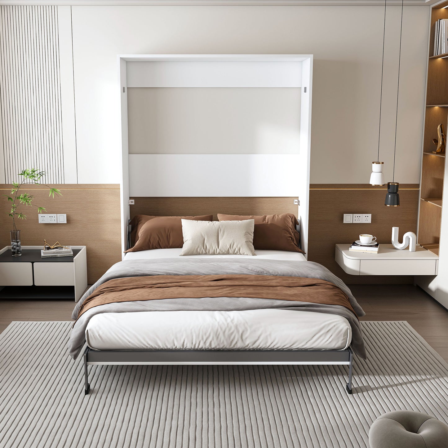 Queen Murphy Bed  65-inch Foldable Wall Bed  With Metal Bed Frame  Solid Wood Support Slats  Concealed Bed Frame  Suitable For Bedrooms And Guest Rooms  White  Old