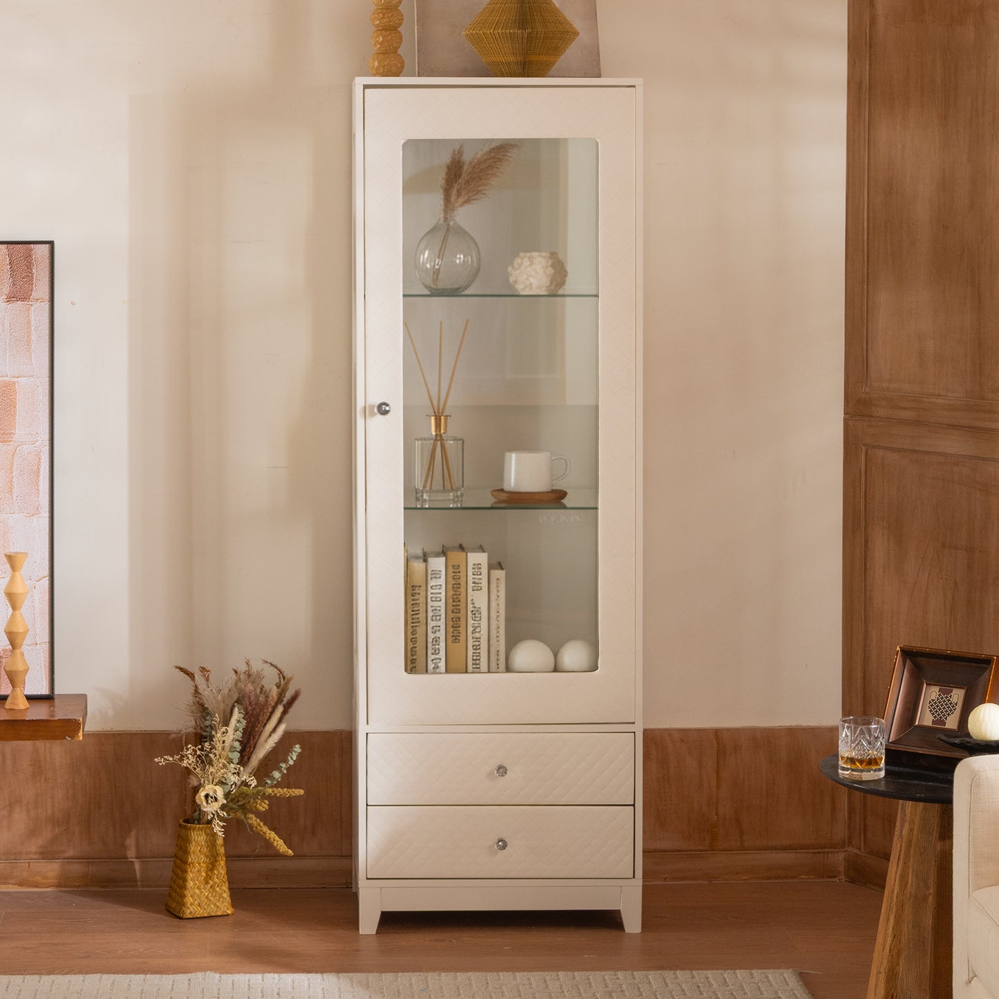 71  Freestanding Upholstered Display Cabinet, Upholstered Glass Door Cabinet With Ceiling Light,Wine Cabinet With Adjustable Shelves, For Livingroom, Kitchen, Bar & Dining Room - White