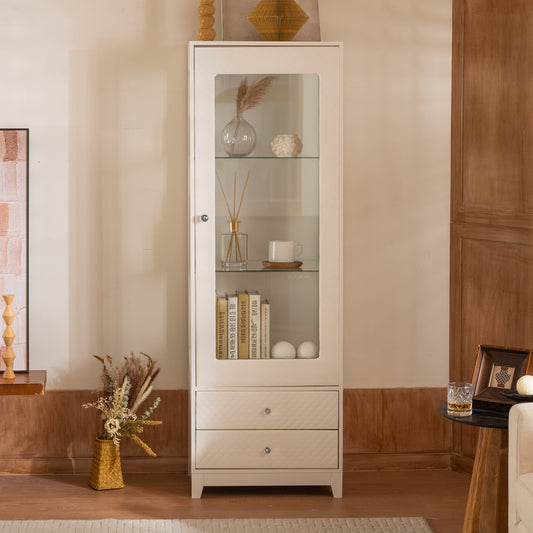 71  Freestanding Upholstered Display Cabinet, Upholstered Glass Door Cabinet With Ceiling Light,Wine Cabinet With Adjustable Shelves, For Livingroom, Kitchen, Bar & Dining Room - White