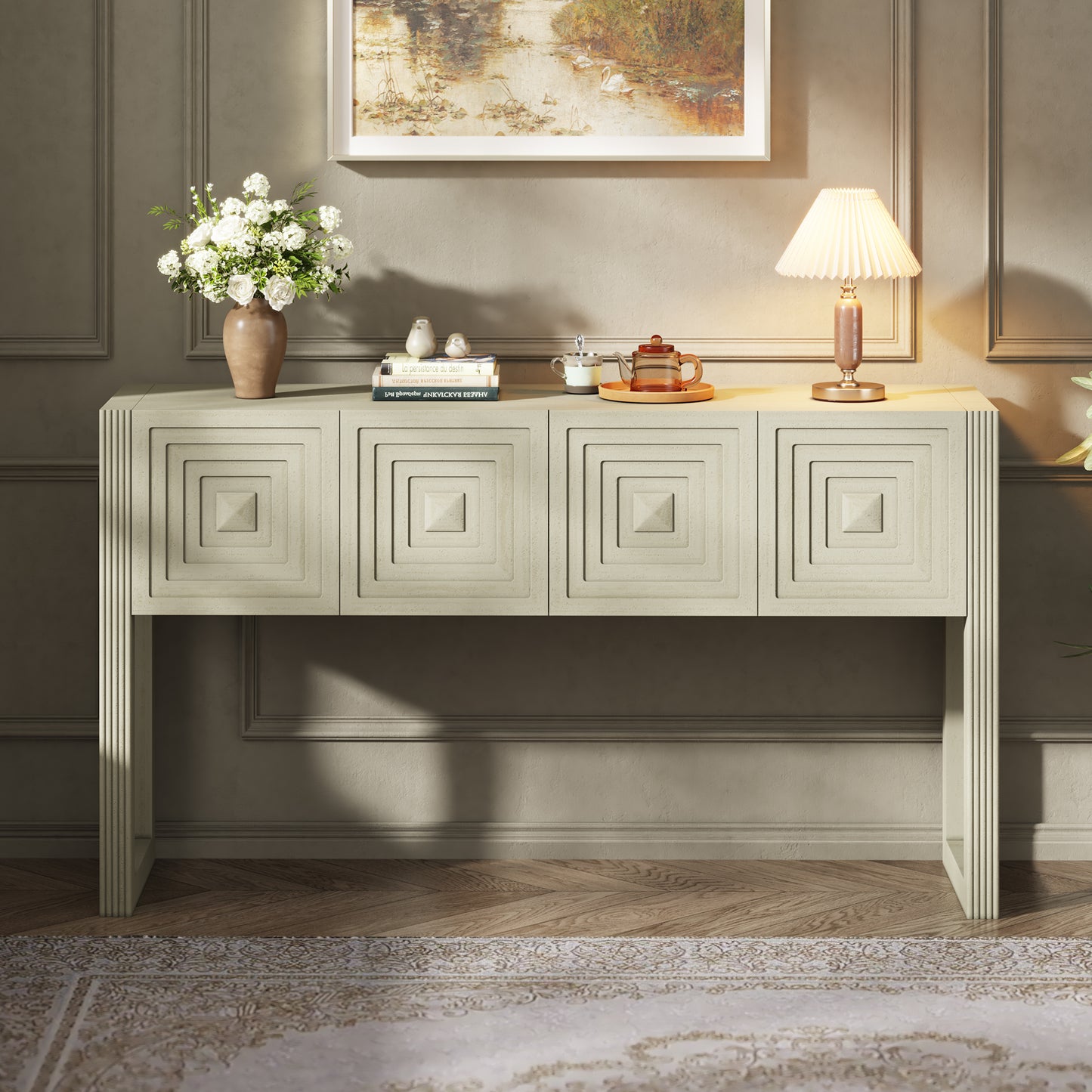 Video Geometric Carved Console Table With 3 Soft-Close Drawers, Fluted Leg Details, Entryway Sofa Table For Living Room Hallway, Natural