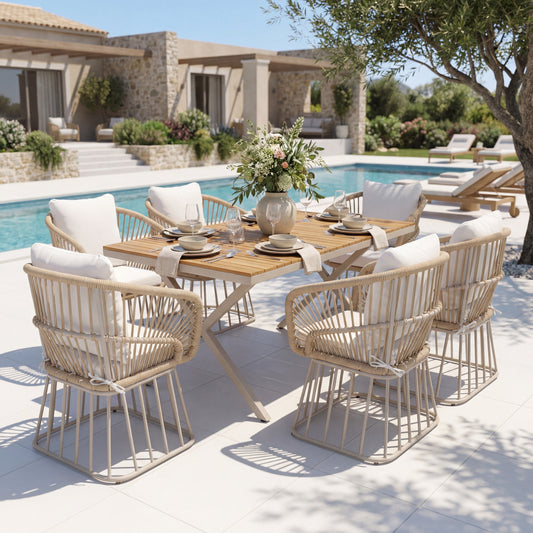 Outdoor 7-Piece Dining Set - Rectangular Teak Wood Table   6 Wicker Chairs With Cushions, Beige Steel Frame, Teak Finish, Perfect For Patio, Deck, Or Garden