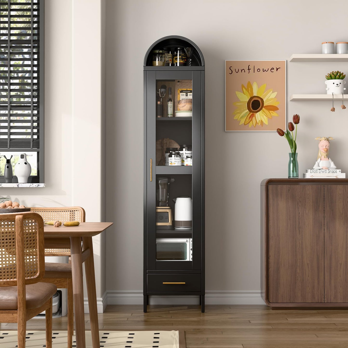 73''H Metal Arched Bookcase Cabinet, Arch Display Storage Cabinet With Glass Doors & Shelves And 1Drawer For Living Room, Kitchens,Office, Black, Assembly Required