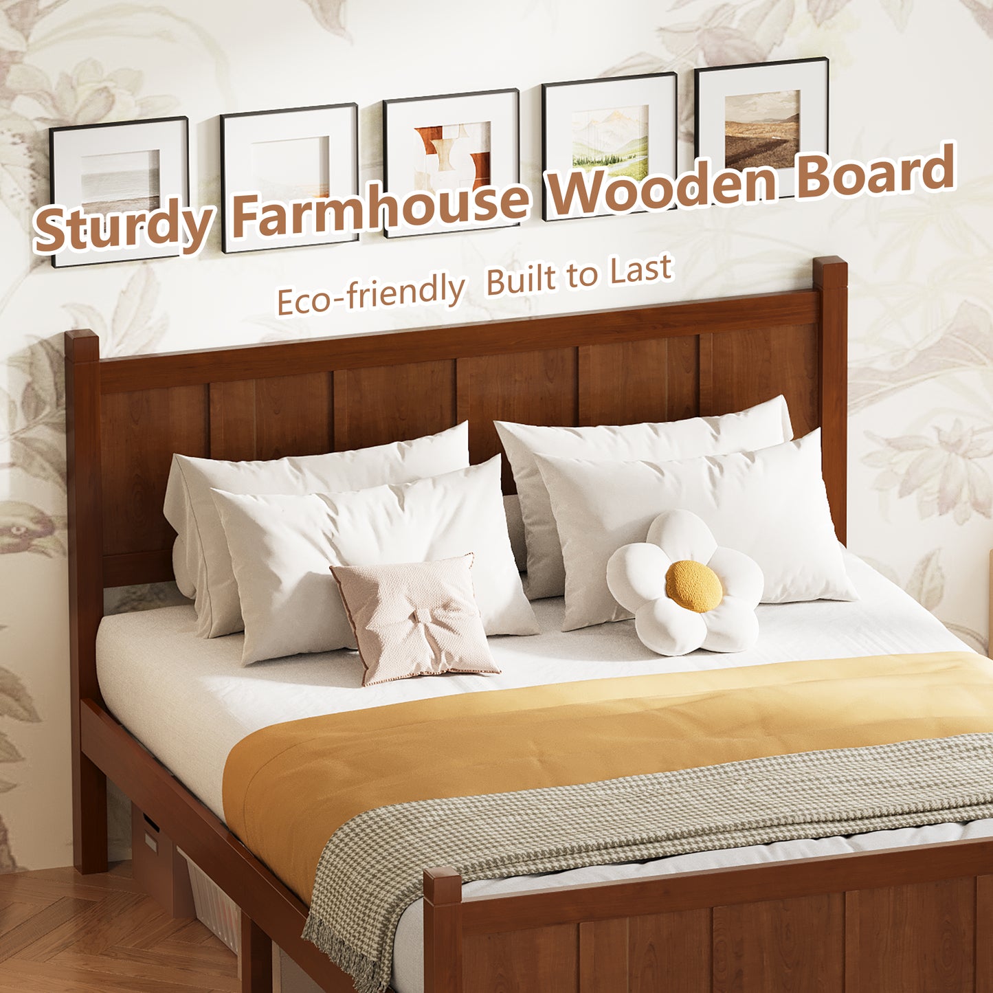 Full Size Flat Panel Bed With Headboard & Footboard, Minimalist Modern Platform Bed With Wood Grain Finish, Shaker And Farmhouse Style Design, Sleek And Functional Bedroom Furniture,Dark Walnut