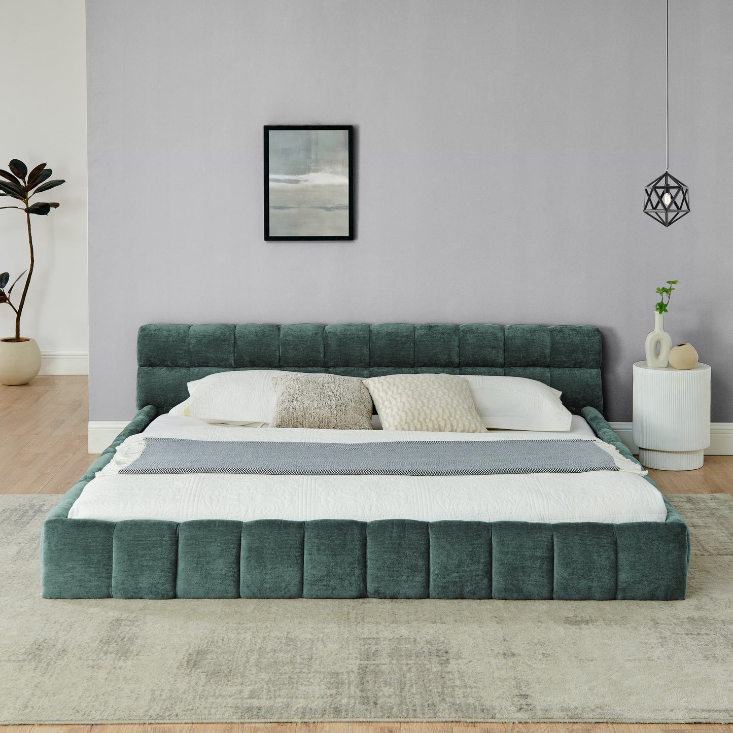 King Size  Upholstered Bed Frame With Thick Fabric, Chenille Fabric Grounded King Size Platform Bed With Headboard And Solid Frame. No Box Spring Needed-green88.5 X85.5 X24